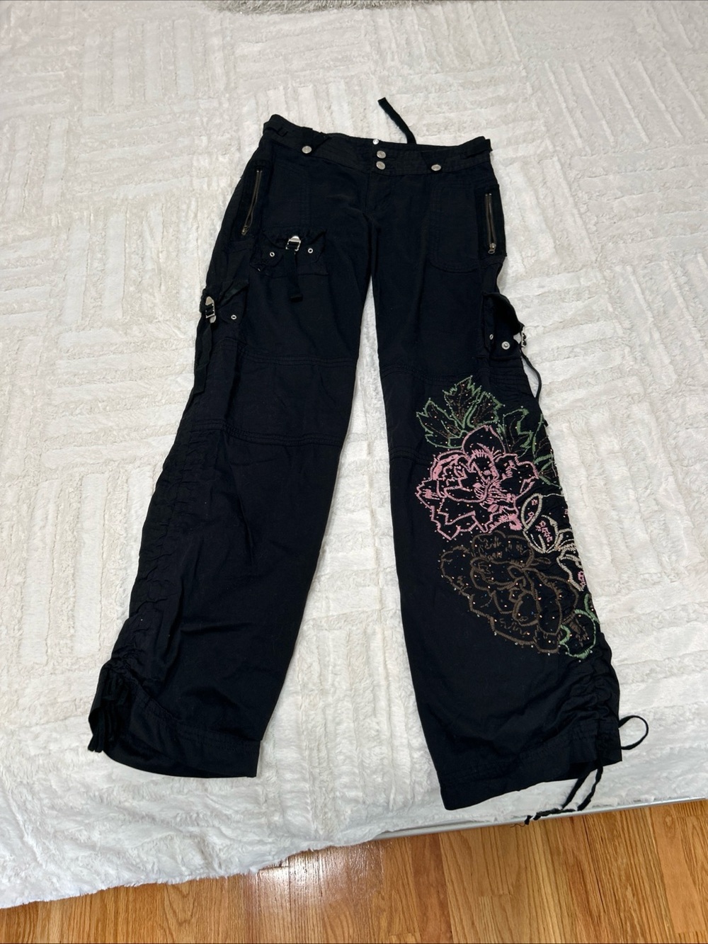 Venus Bohemian Black Cargo pants featuring Beaded Floral design